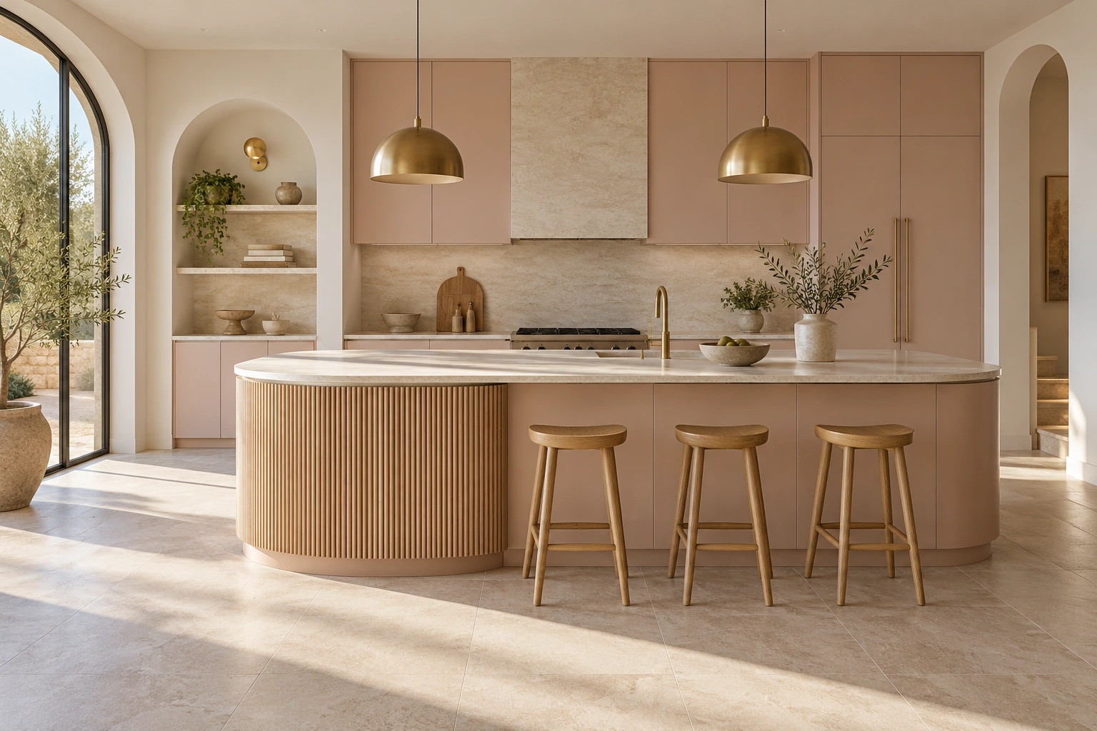 Inspiration : Cuisine rose poudré lumineuse avec un îlot arrondi